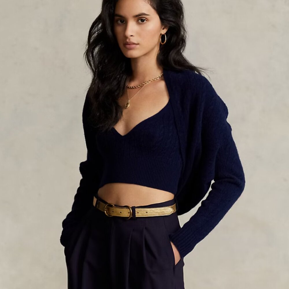 NWT - Polo Ralph Lauren Cable-Knit Wool-Cashmere Shrug (Navy, S)